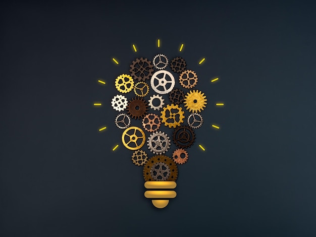 Technologie d'innovation et gestion d'idées Solution d'intelligence artificielle Concept de chef d'équipe créatif De nombreux engrenages mécaniques et roues dentées disposés en forme d'ampoule avec rayon graphique sur fond bleu foncé