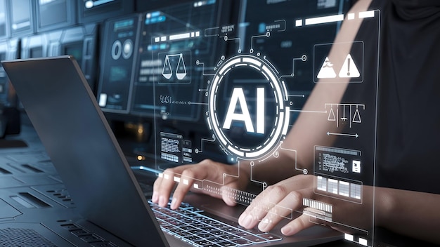 Technologie d'intelligence artificielle futuriste avec la frappe à la main sur un ordinateur portable pour l'intelligence artificial et l'analyse des données