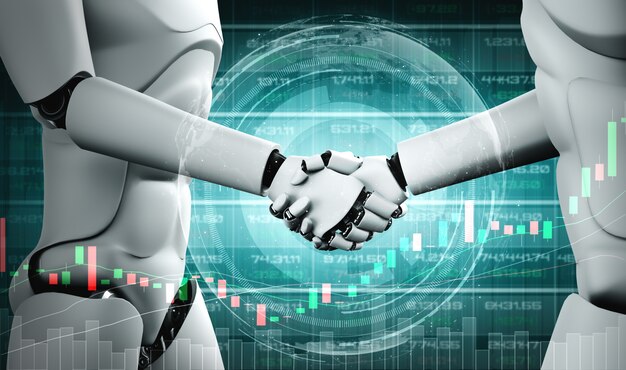 Technologie d'investissement financier future contrôlée par un robot IA utilisant l'apprentissage automatique