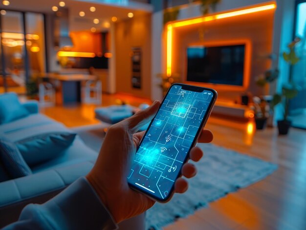 Technologie de la maison intelligente La main humaine tient un téléphone intelligent avec une application de maison intelligente lancée.