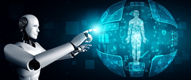 Technologie médicale future contrôlée par un robot IA utilisant l'apprentissage automatique et l'intelligence artificielle