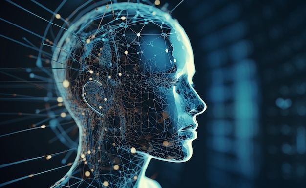 Technologie médicale futuriste tête abstraite tête abstraite graphique d'une personne avec des graphiques et des câbles sur un arrière-plan concept de système d'IA humaine filaire de haute technologie