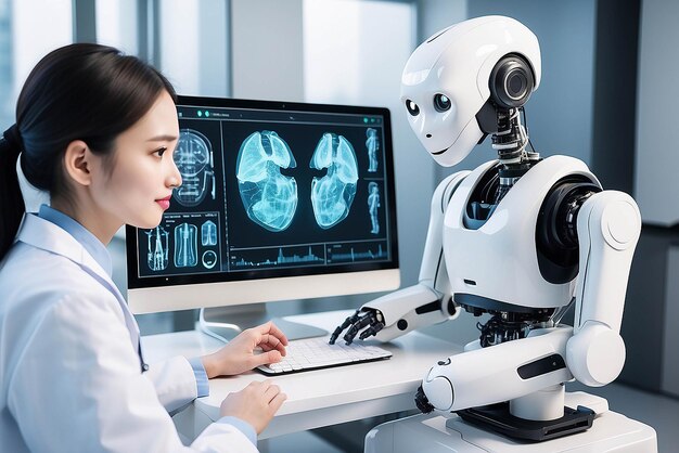 Technologie médicale: les médecins utilisent des robots d'intelligence artificielle pour le diagnostic et l'augmentation de la précision du traitement des patients à l'avenir. Recherche et développement médical: technologie d'innovation pour améliorer la santé des patients