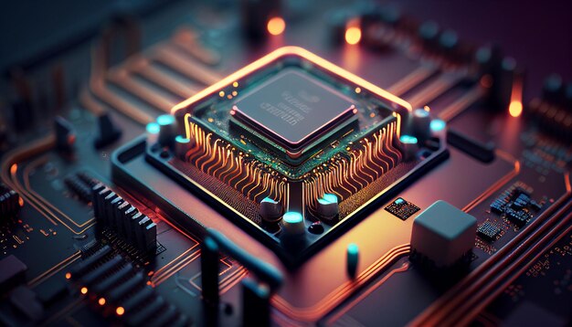 Photo la technologie des microprocesseurs, les circuits imprimés, le code du processeur de puce futuriste, l'ia générative.