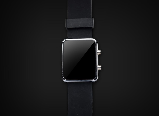 Photo technologie moderne, concept d'objet et de média - gros plan sur une montre intelligente noire