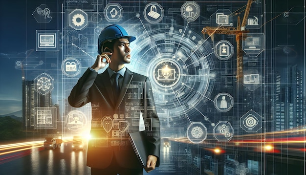 La technologie numérique permet à l'homme de la construction sûre d'être exposé dans ConstructSecure Network Photo Stock