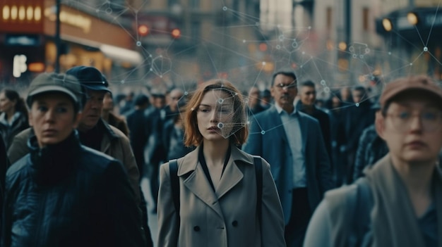 Une technologie de pointe est utilisée pour suivre un groupe d'hommes d'affaires alors qu'ils traversent une rue urbaine animée AI générative et CCTV