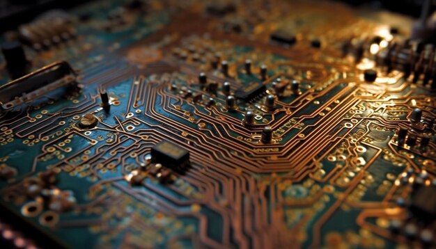 La technologie progresse avec des circuits imprimés complexes et des puces informatiques futuristes générées par l'intelligence artificielle