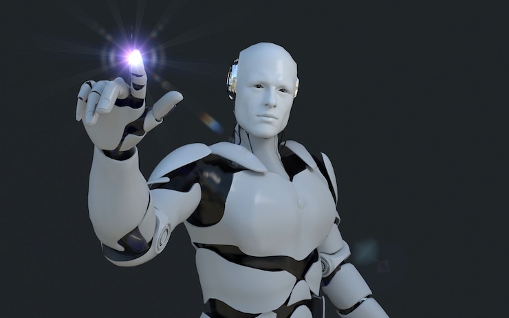 Photo technologie de robot blanc qui pointe vers quelque chose devant lui