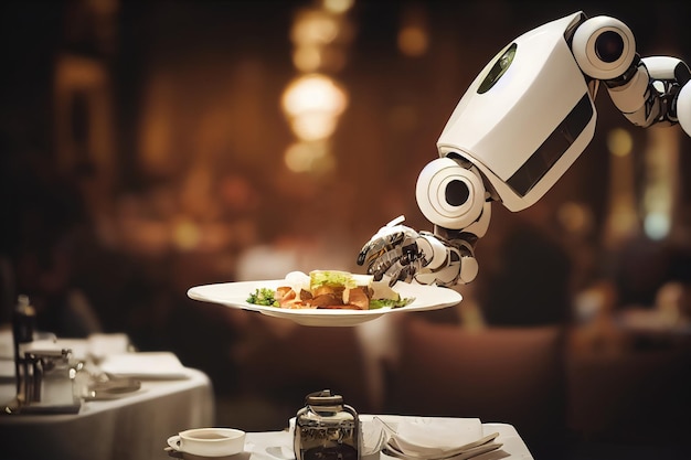 Technologie robotique d'illustration 3d en tant que serveur dans un restaurant moderne