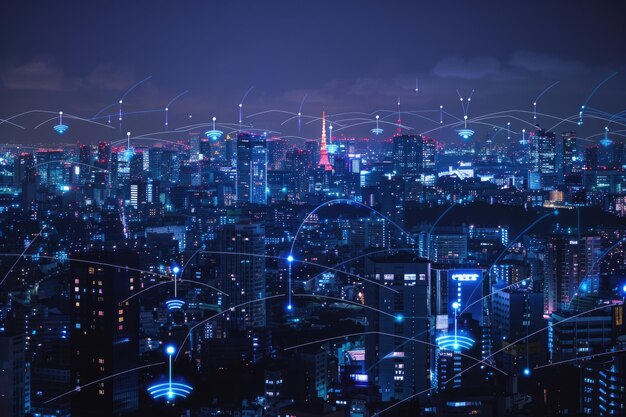 La technologie sans fil dans la ville moderne la nuit