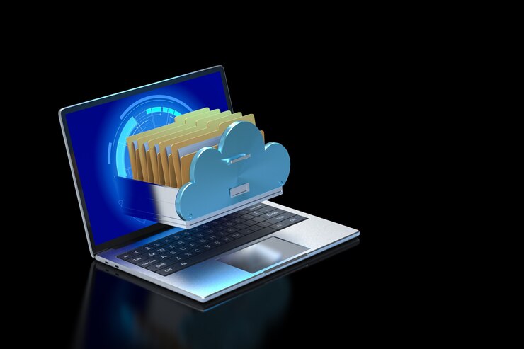 Photo technologie de stockage en nuage avec des fichiers en nuage sur un ordinateur portable