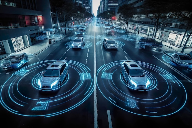 Technologie de voiture intelligente moderne système intelligent utilisant Heads up display HUD Mode de conduite autonome véhicule sur la route de la ville avec capteur graphique système de signal radar voiture intelligente générer Ai