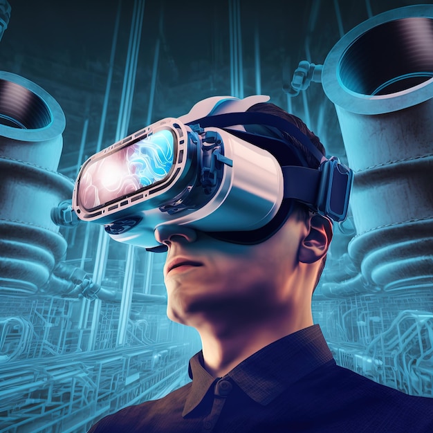 Technologie VR chez l'homme industriel dans des lunettes 3d virtuelles rendu 3d. illustration raster