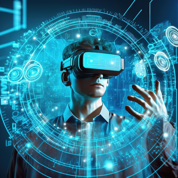Technologie VR chez l'homme industriel dans des lunettes virtuelles illustration 3d