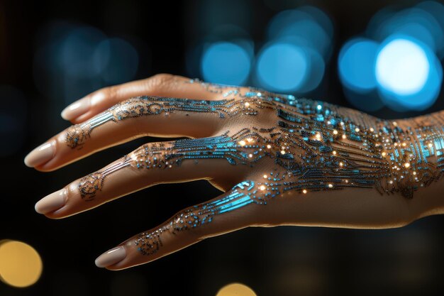 Photo technologies du futur une main de femme avec une électronique implantée qui permet une