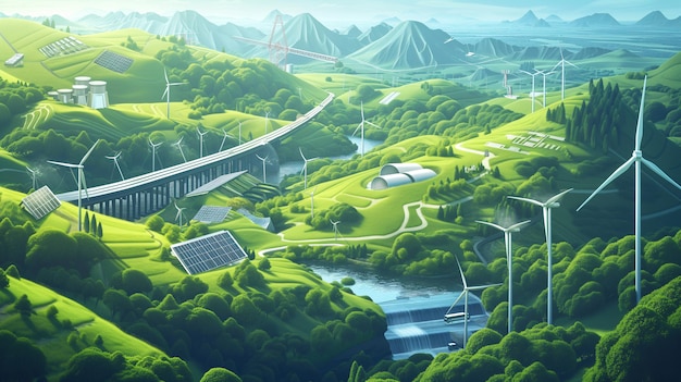 Technologies durables et respectueuses de l'environnement Paysage avec panneaux solaires turbines éoliennes