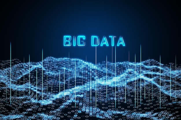 Photo technologies scientifiques concept d'analyse de données et d'informations numériques avec un signe de données volumineuses bleu brillant au-dessus des ondes technologiques sur fond sombre rendu 3d