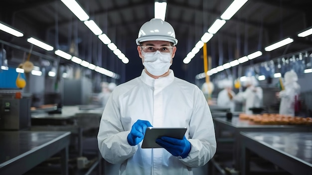 Photo technologue en uniforme de protection blanc tenant une tablette et contrôlant la production alimentaire dans des procédés