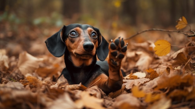 Un teckel dans les feuilles d'automne