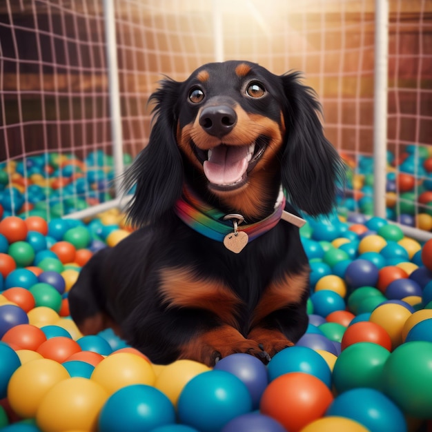 Teckel noir souriant dans une piscine de boules colorées