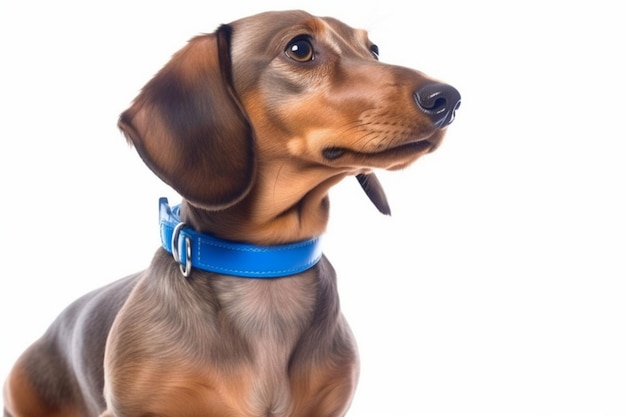 Teckel portant un collier de chien bleu debout isolé sur blanc