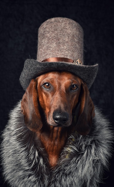 Teckel rouge dans un manteau de fourrure et un chapeau