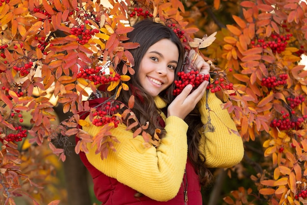 Teen girl with autumn rowan leaves hold berry happy child at rowanberry tree red branch