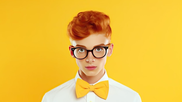 Teenage boy with ginger hair glasses et noeuds papillon isolés sur fond jaune