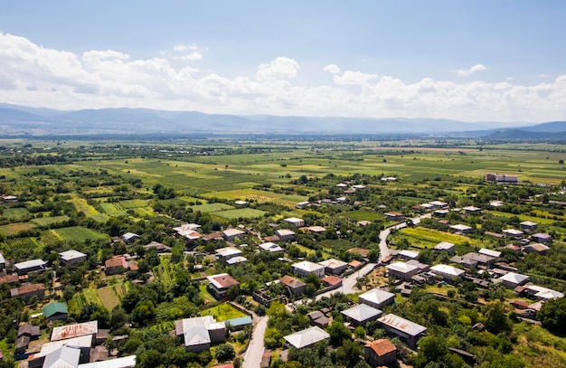 Telavi vue depuis l'hélicoptère vue en grand angle sur le village et les champs pays géorgien