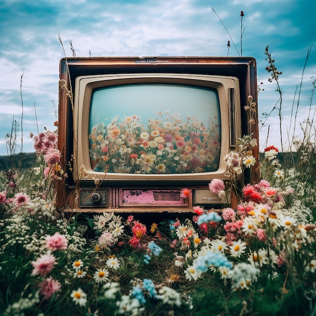 une télé avec des fleurs