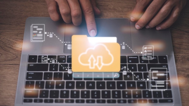 Photo téléchargement de documents à partir d'un dossier dossier de fichiers ouvert avec des documents vierges volants sauvegarde du transfert de données partage de fichiers concept de transfert de documents