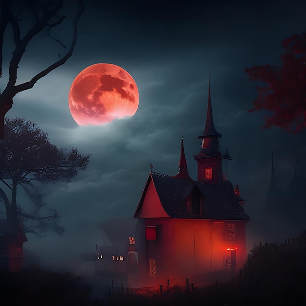 Téléchargement gratuit d'une nuit sombre et effrayante sur un village fantastique avec une lune rouge dans le ciel