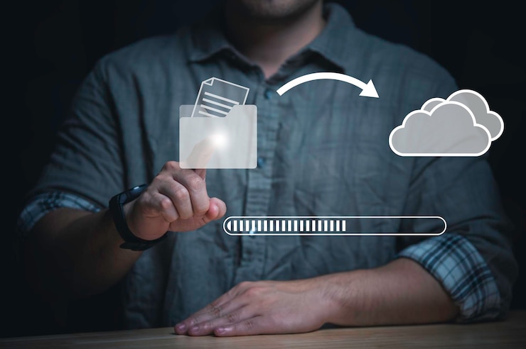 Photo téléchargement de transfert de fichiers ou partage de documents et service de stockage de base de données sur un disque numérique en nuage sur des concepts d'analyse de la technologie des réseaux informatiques