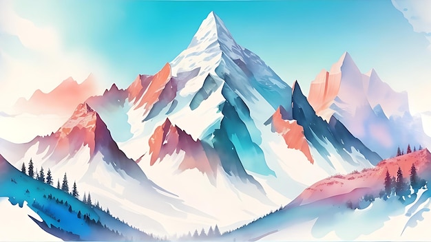 Télécharger la chaîne de montagnes enneigée majestueuse Clipart de dessin animé à l'aquarelle
