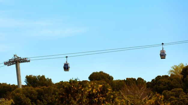 Téléphérique entre la côte et la colline de Montjuic, Barcelone, Espagne.