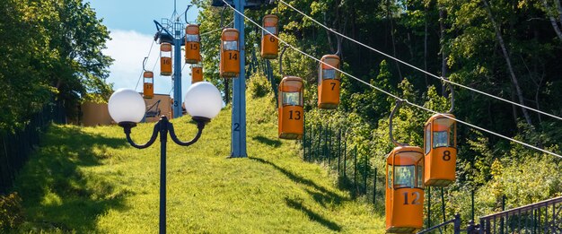 Photo téléphérique jaune cabines suspendues