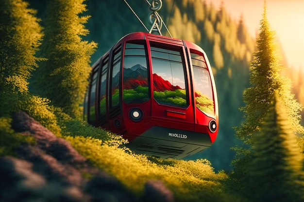 Un téléphérique rouge rubis rayonnant monte à flanc de montagne pour un voyage pittoresque