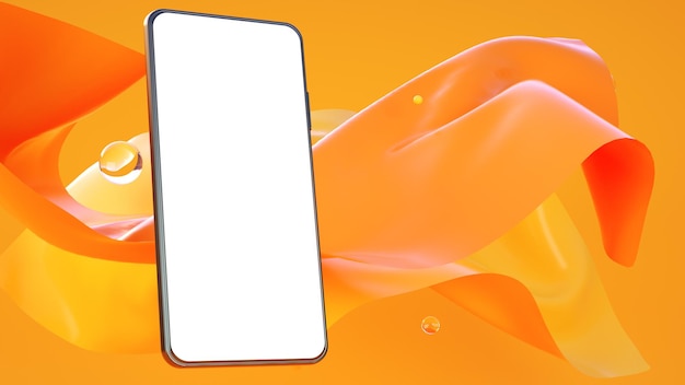 Téléphone 3D avec un chiffon sur un fond dans les achats en ligne de couleurs oranges