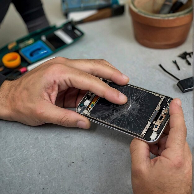 Photo un téléphone avec la batterie manquante un homme est en train de réparer