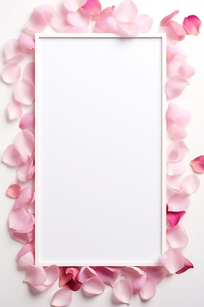 téléphone blanc avec pétales roses sur fond blanc.