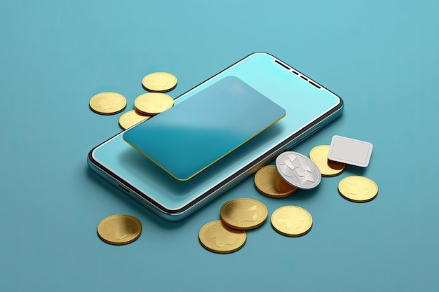 Un téléphone bleu avec une boîte blanche dessus et des pièces d'or sur fond bleu.