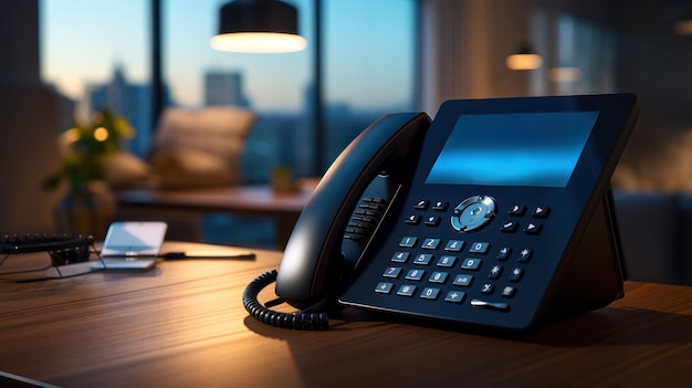 Téléphone de bureau moderne avec affichage numérique sur un bureau en bois en gros plan