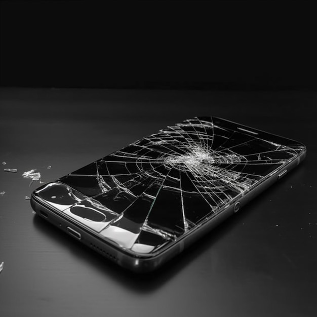 Un téléphone cassé avec un écran cassé et une fissure au milieu.