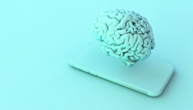 Téléphone et cerveau sur le concept de rendu 3d bleu