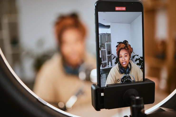 Photo téléphone de communication et femme noire en streaming podcast radio talk-show ou conférencier parlant de la culture des adolescents diffusion en ligne microphone anneau lumineux ou influenceur de la génération z parlant des nouvelles des étudiants