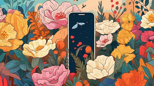 Un téléphone dans un jardin fleuri avec un téléphone au milieu.