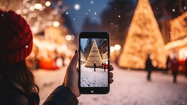 téléphone dans la main de l'homme faisant la photo de l'arbre de Noël coloré festif et du bonhomme de neige dans la ville d'hiver