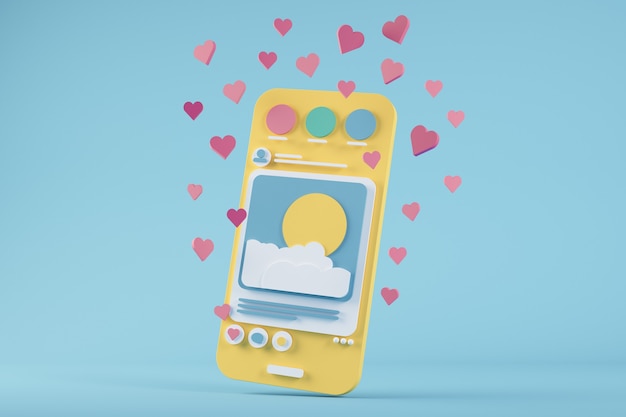 Téléphone de dessin animé de médias sociaux entouré de rendu 3d aime