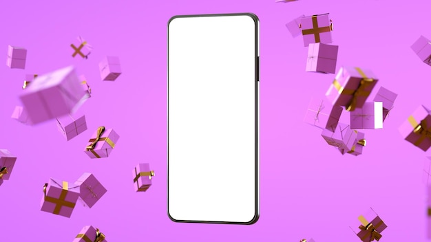 Téléphone avec un écran blanc et beaucoup de cadeaux flottants en rose achats en ligne et cadeaux 3D